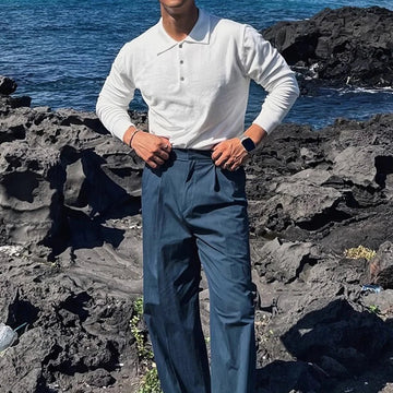 AIDASE  -  Slim Fit Button-up Turn-down Collar Knit Polo Shirt Fall Fashionable Mens Long Sleeve Polos Trendy Men's Solid Color Polo Shirts aidase-shop